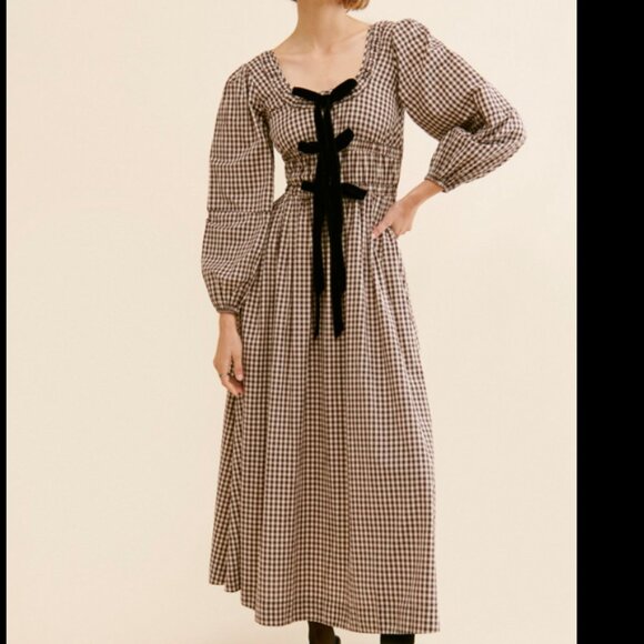 Damson Madder Dakota Bow Checked Cotton Midi Dress Size UK 12 / US 8 - Picture 2 of 9
